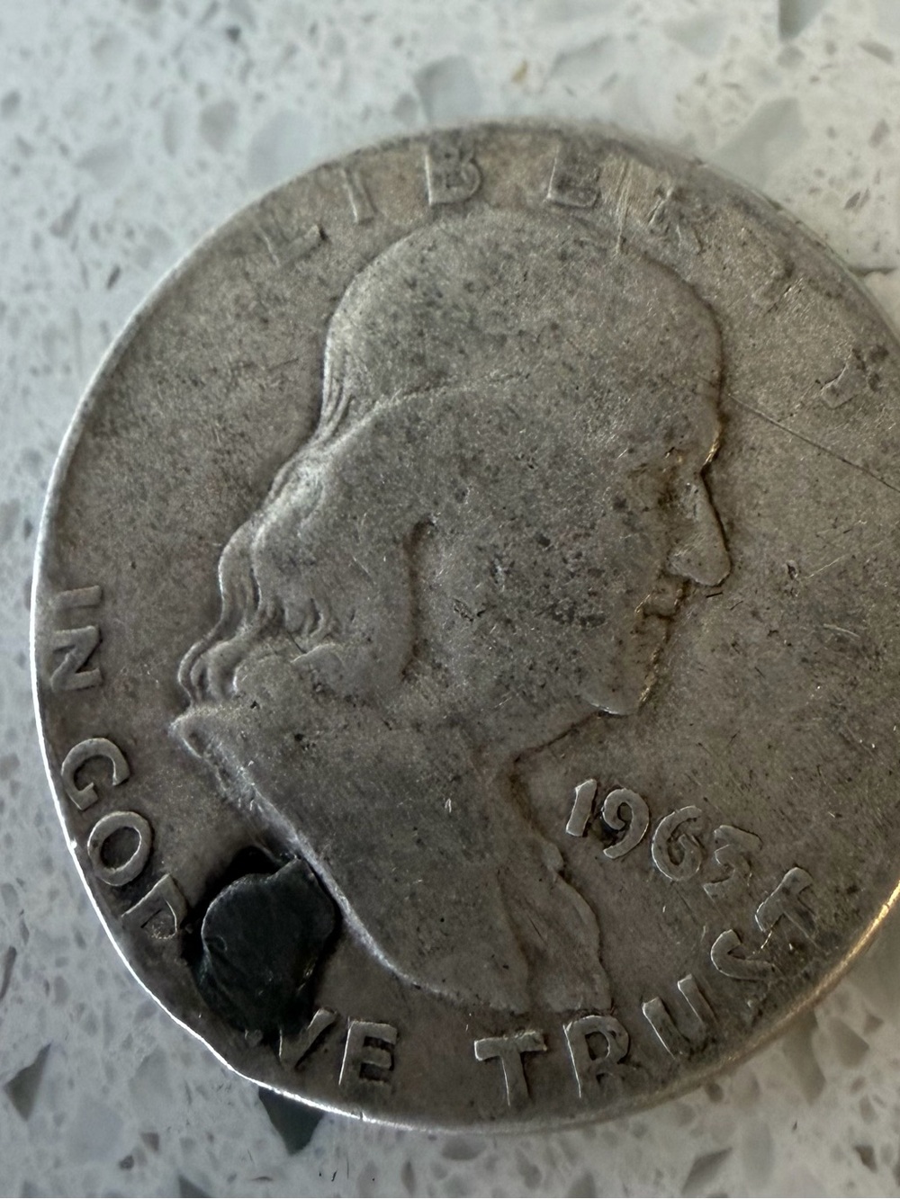 1963-D Franklin Half Dollar 90% Silver Coin, Damaged/Hole, 90% Silver
